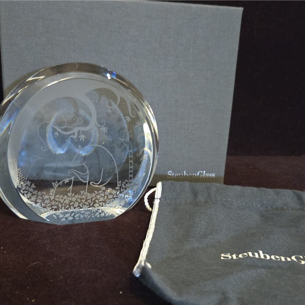 Signed Steuben Glass James Houston Crystal Roundel Engraved Art Wildlife Boxed - Picture 5 of 5